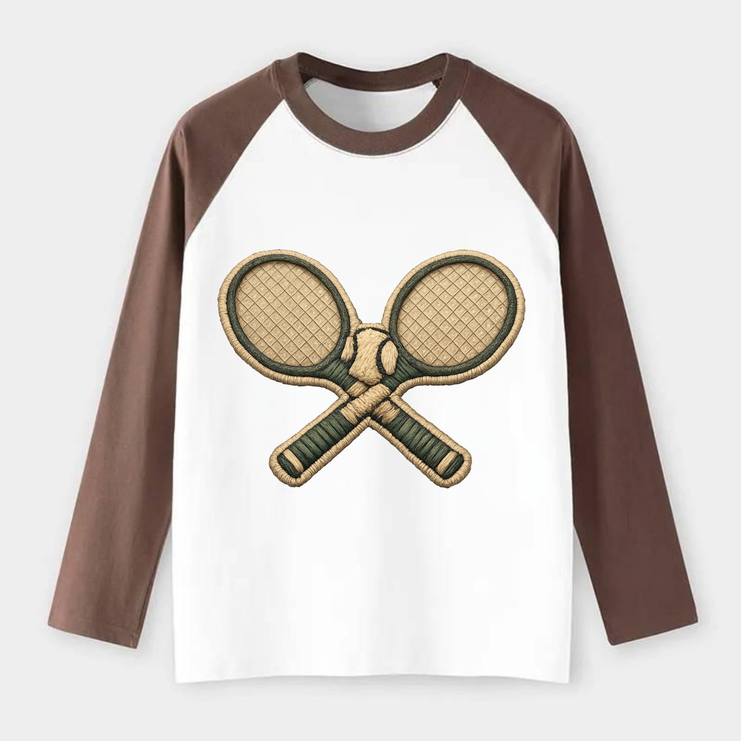 Embroidered patch design - TENNIS RACKET CROSSED - tennis rackets with - Raglan Long Sleeve T-Shirt - Coffee