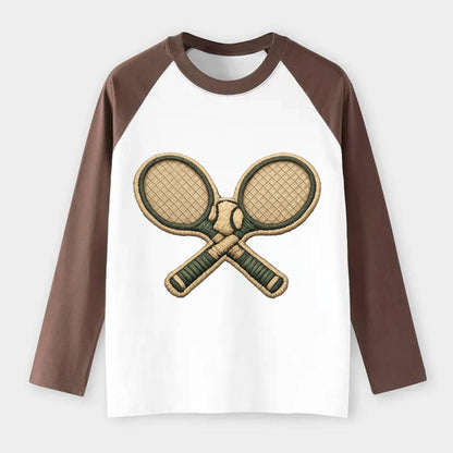 Embroidered patch design - TENNIS RACKET CROSSED - tennis rackets with - Raglan Long Sleeve T-Shirt - Coffee