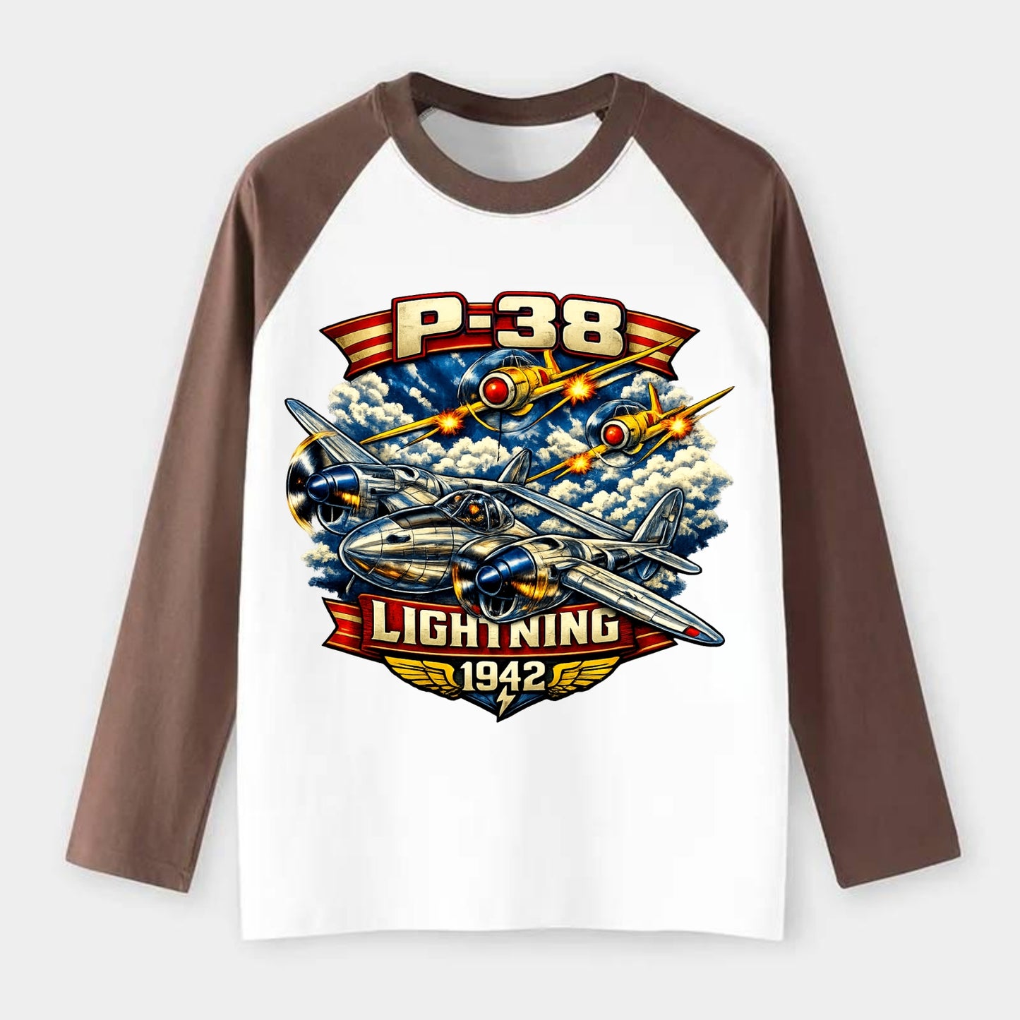 P 38 Lightning - Raglan Long Sleeve T-Shirt - Coffee