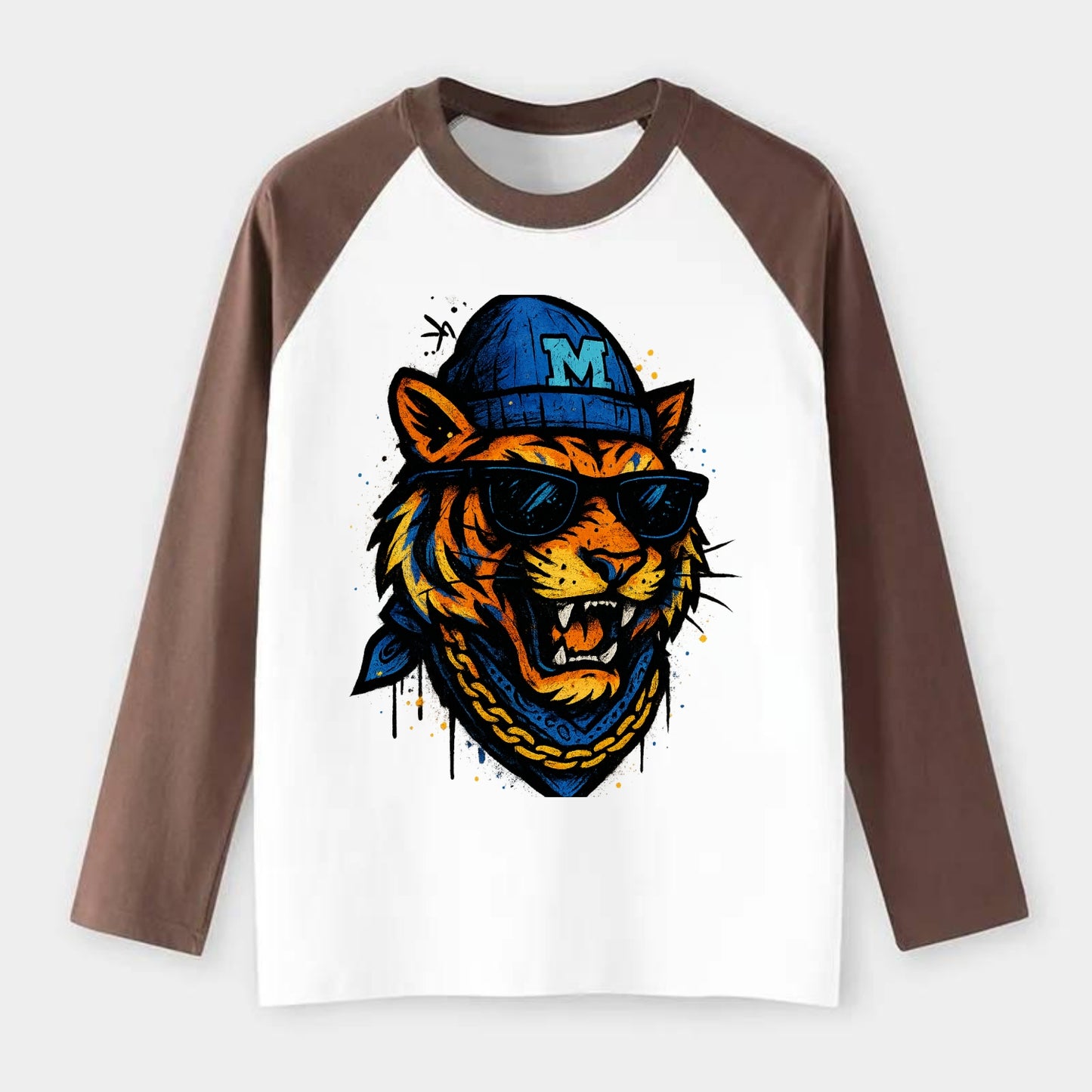 Memphis Tiger wearing Memphis beanie with M patch - Raglan Long Sleeve T-Shirt - Coffee