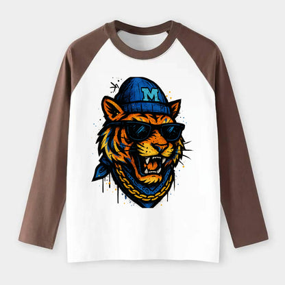 Memphis Tiger wearing Memphis beanie with M patch - Raglan Long Sleeve T-Shirt - Coffee