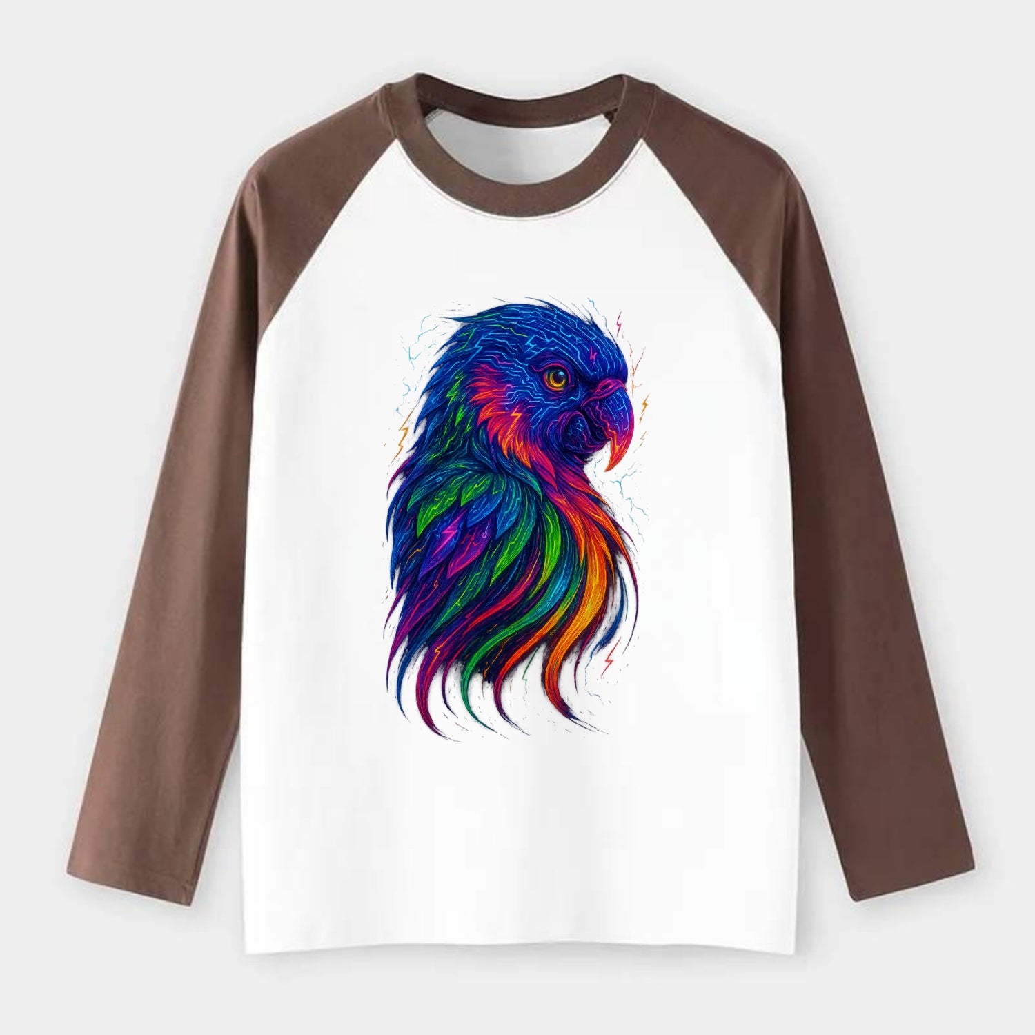 Vibrant parrot with feathers flowing into tropical rainbow streams, - Raglan Long Sleeve T-Shirt - Coffee