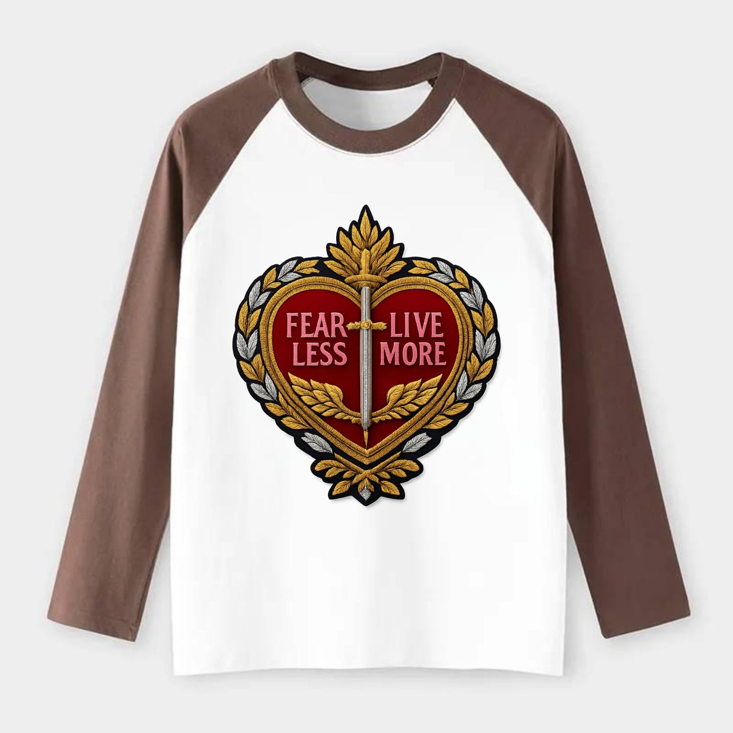 FEAR LESS LIVE MORE - heart with text in red , courage - Raglan Long Sleeve T-Shirt - Coffee