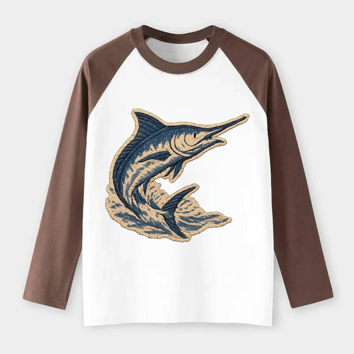 SWORDFISH MARLIN - leaping marlin in blue and silver , sport fishing - Raglan Long Sleeve T-Shirt - Coffee