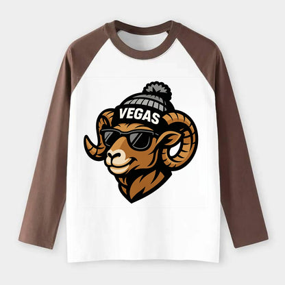 Vegas Desert Bighorn wearing Raiders silver and black beanie with pom - Raglan Long Sleeve T-Shirt - Coffee
