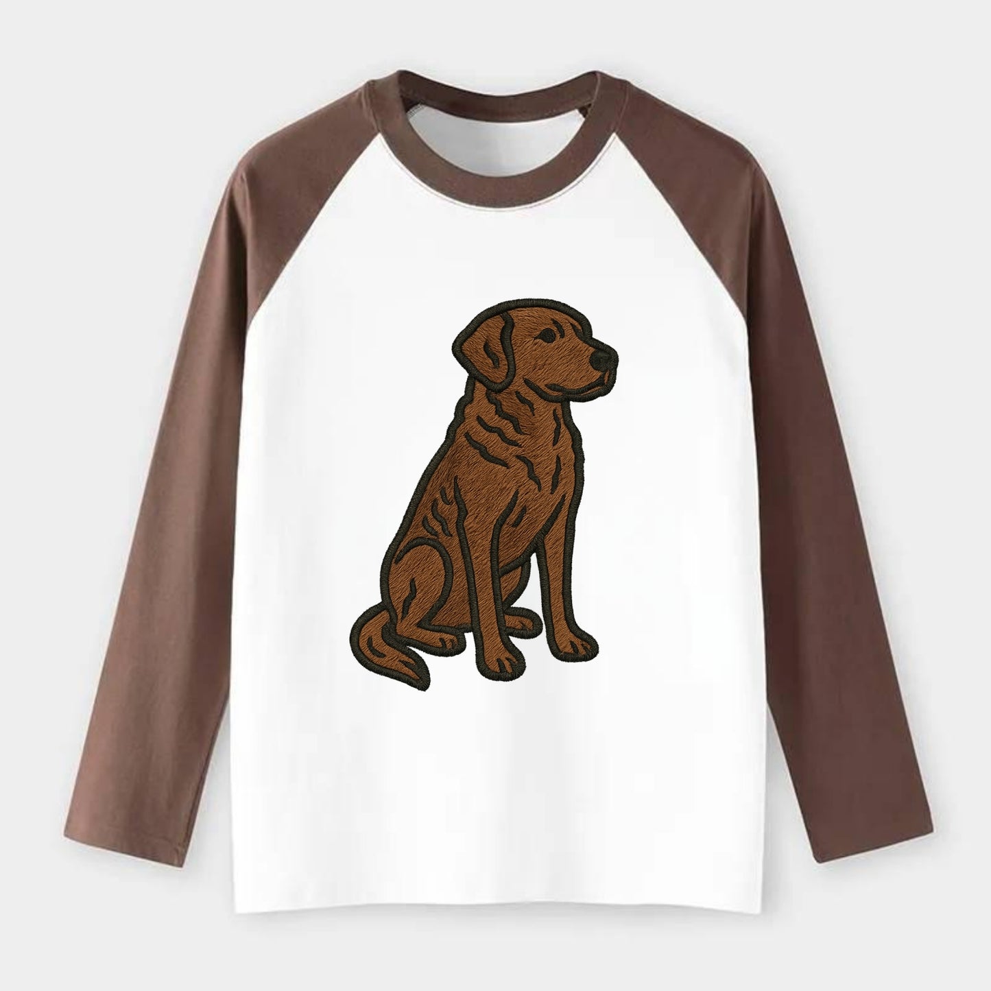 Chesapeake Bay Retriever - Brown wavy coat embroidered sitting pose - Raglan Long Sleeve T-Shirt - Coffee