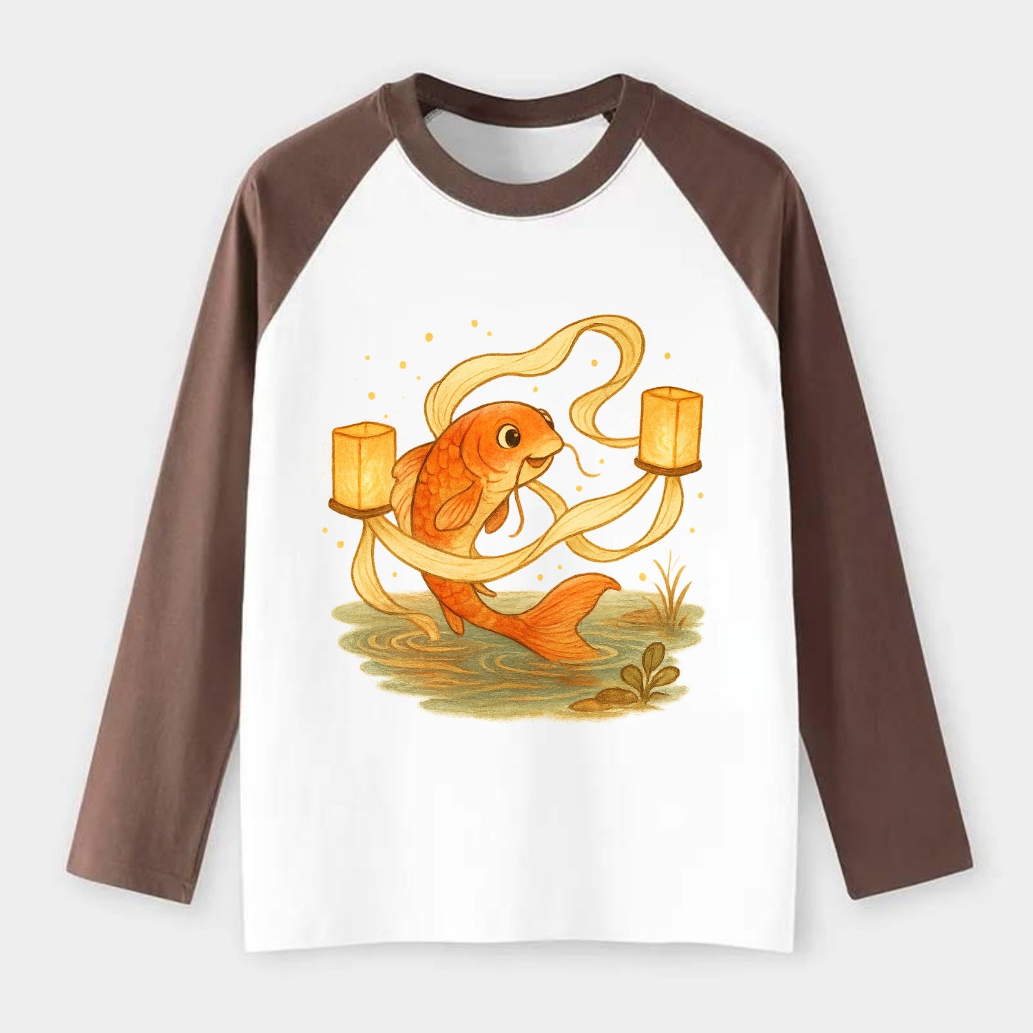 Koi weaving silk streamers through floating lanterns on tranquil water - Raglan Long Sleeve T-Shirt - Coffee