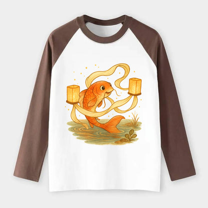 Koi weaving silk streamers through floating lanterns on tranquil water - Raglan Long Sleeve T-Shirt - Coffee