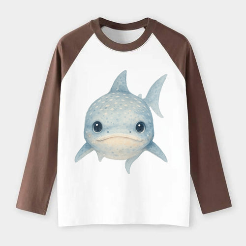 Baby Whale Shark - spotted blue-gray, wide mouth closed, tiny eyes, - Raglan Long Sleeve T-Shirt