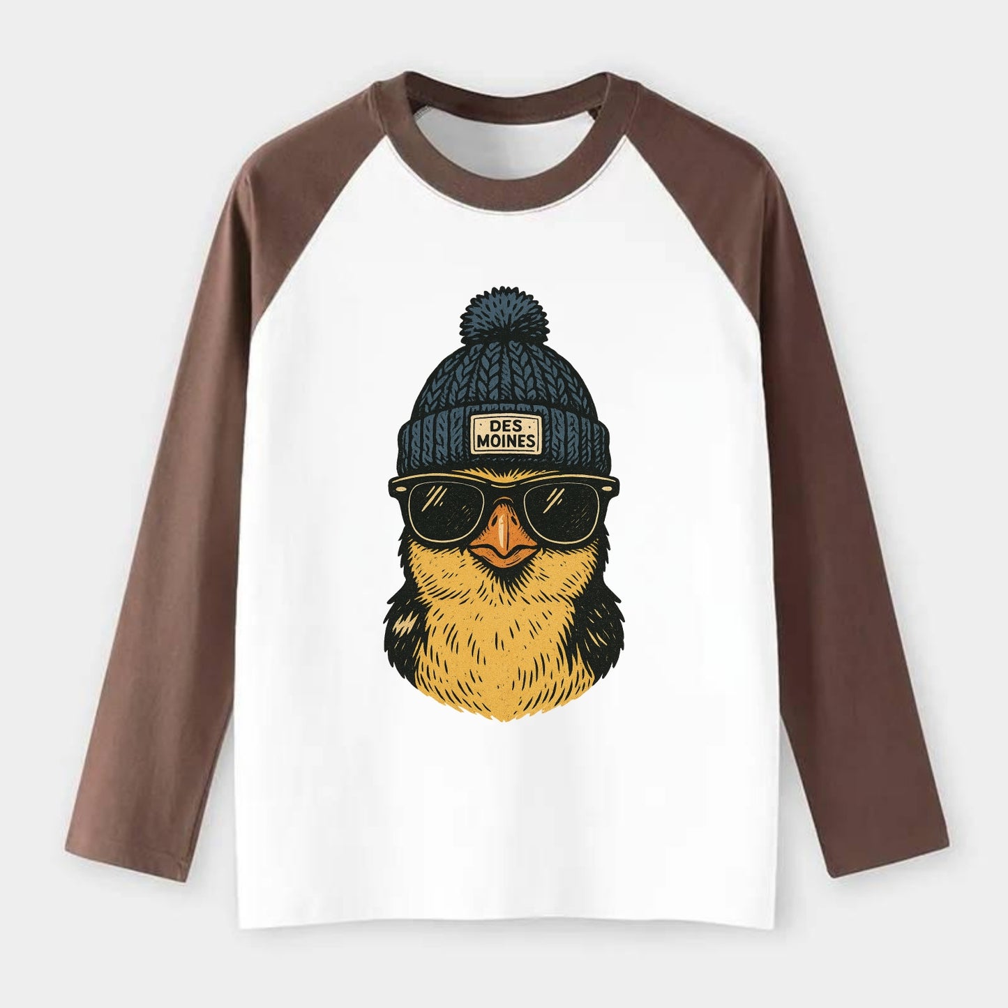 Iowa Goldfinch wearing Des Moines beanie with pom pom and wayfarer - Raglan Long Sleeve T-Shirt - Coffee