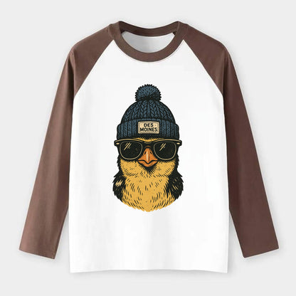 Iowa Goldfinch wearing Des Moines beanie with pom pom and wayfarer - Raglan Long Sleeve T-Shirt - Coffee