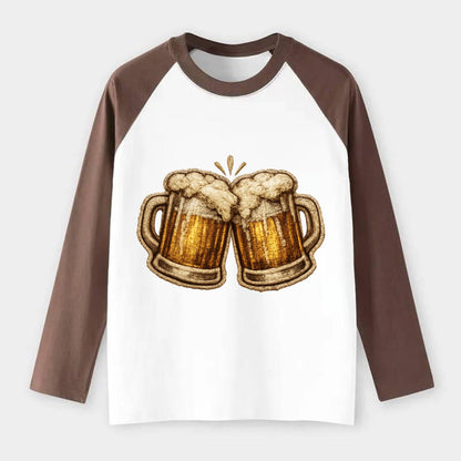 BEER MUG CHEERS - frosty beer stein in gold and amber , brewery - Raglan Long Sleeve T-Shirt - Coffee