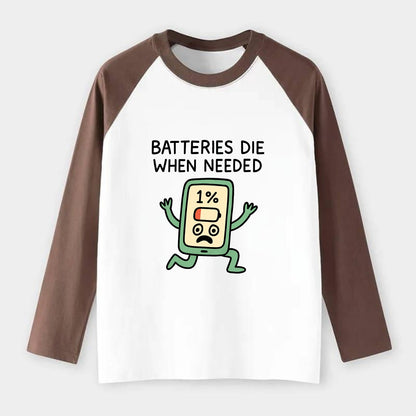 BATTERIES DIE WHEN NEEDED | Phone at 1% panicking - Raglan Long Sleeve T-Shirt - Coffee