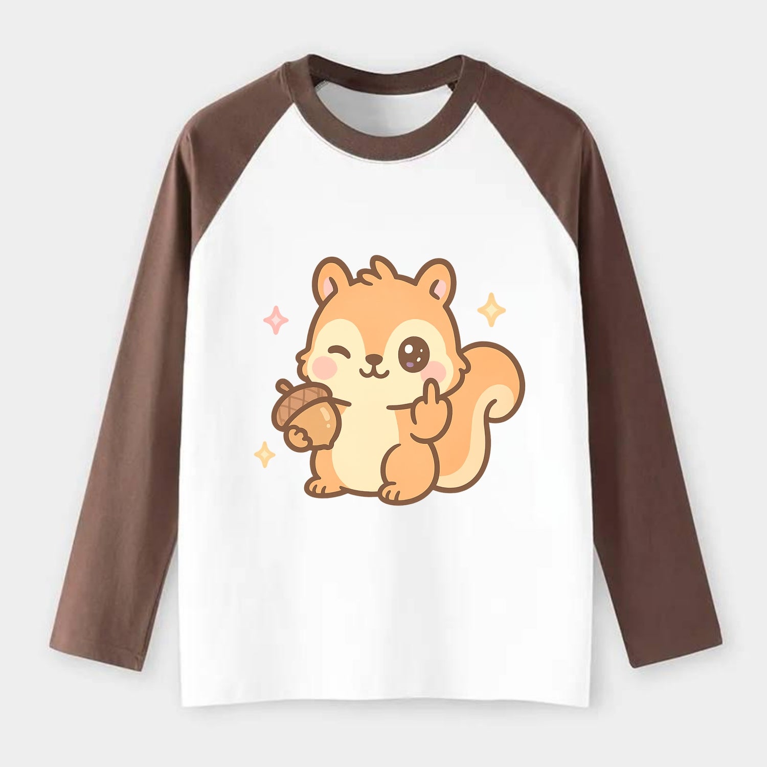 sweet squirrel holding acorn in one paw, flipping off with the other - Raglan Long Sleeve T-Shirt - Coffee