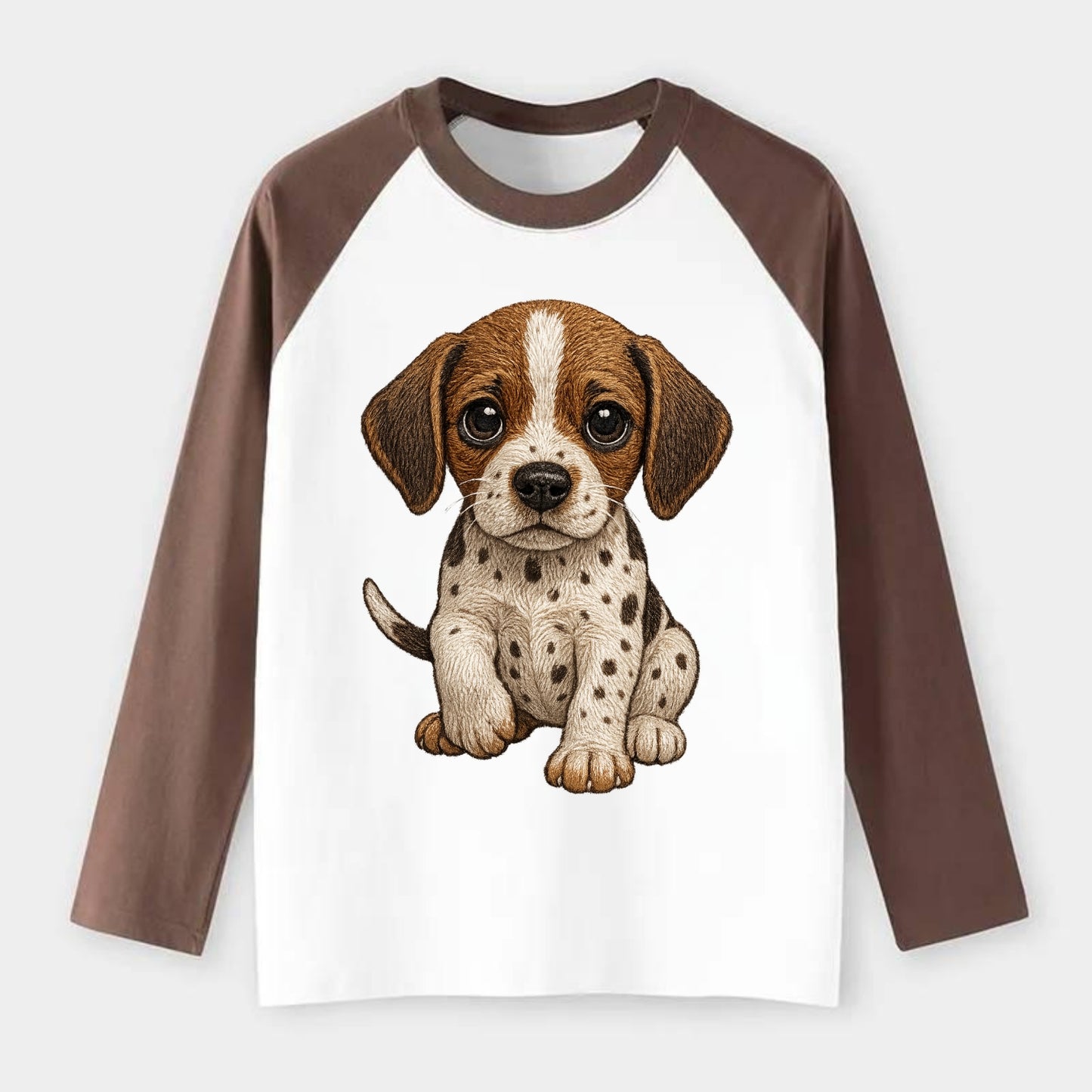 Baby Pointer Puppy - spotted coat, noble stance, alert eyes, - Raglan Long Sleeve T-Shirt - Coffee