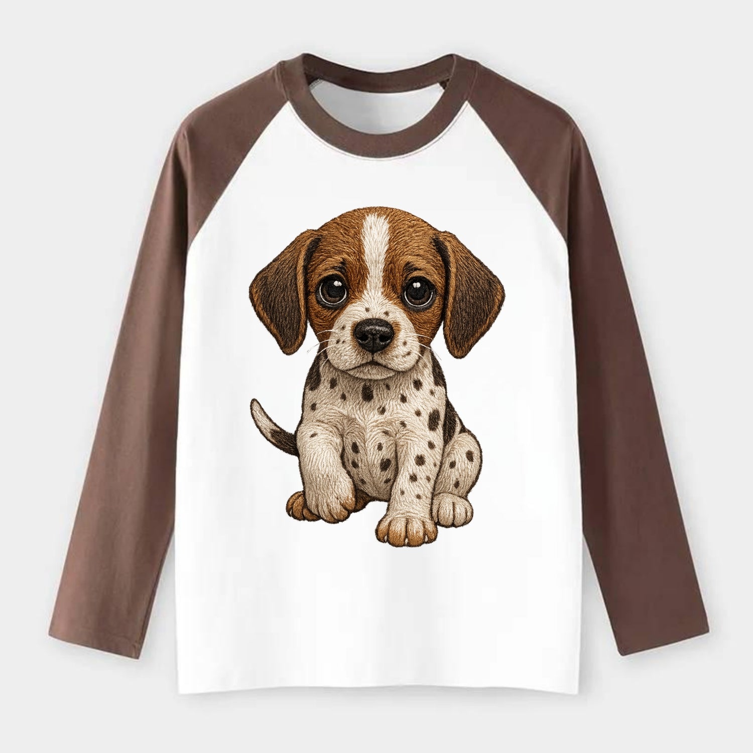 Baby Pointer Puppy - spotted coat, noble stance, alert eyes, - Raglan Long Sleeve T-Shirt - Coffee
