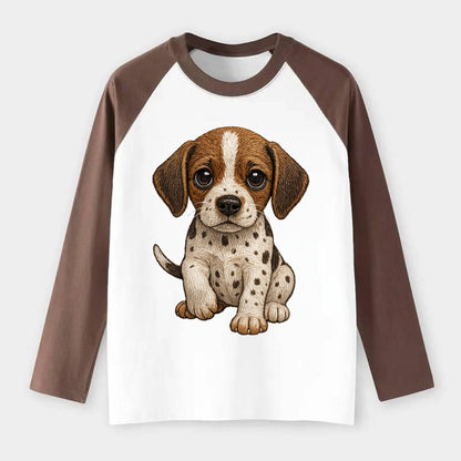 Baby Pointer Puppy - spotted coat, noble stance, alert eyes, - Raglan Long Sleeve T-Shirt - Coffee