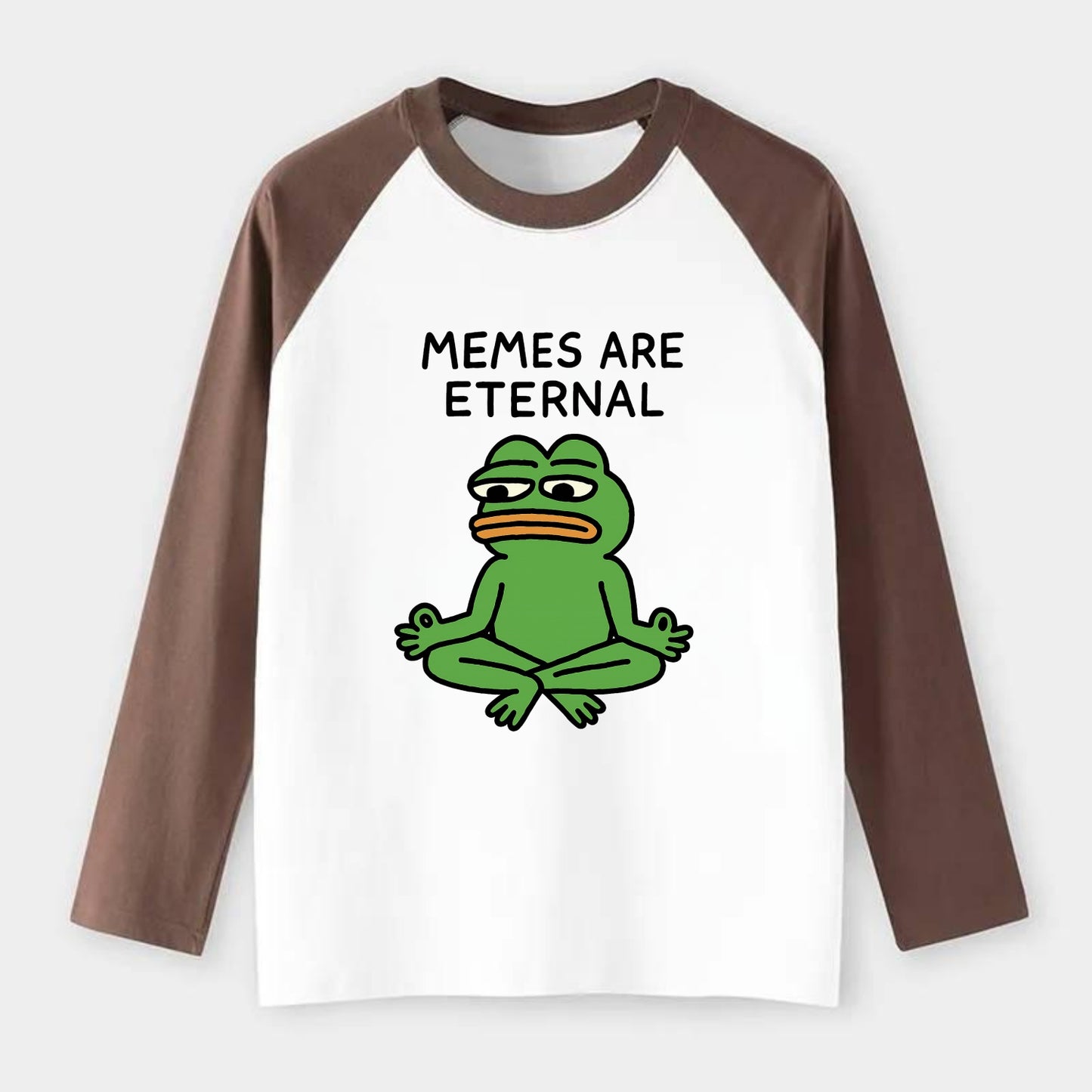 MEMES ARE ETERNAL | Immortal pepe meditating - Raglan Long Sleeve T-Shirt - Coffee