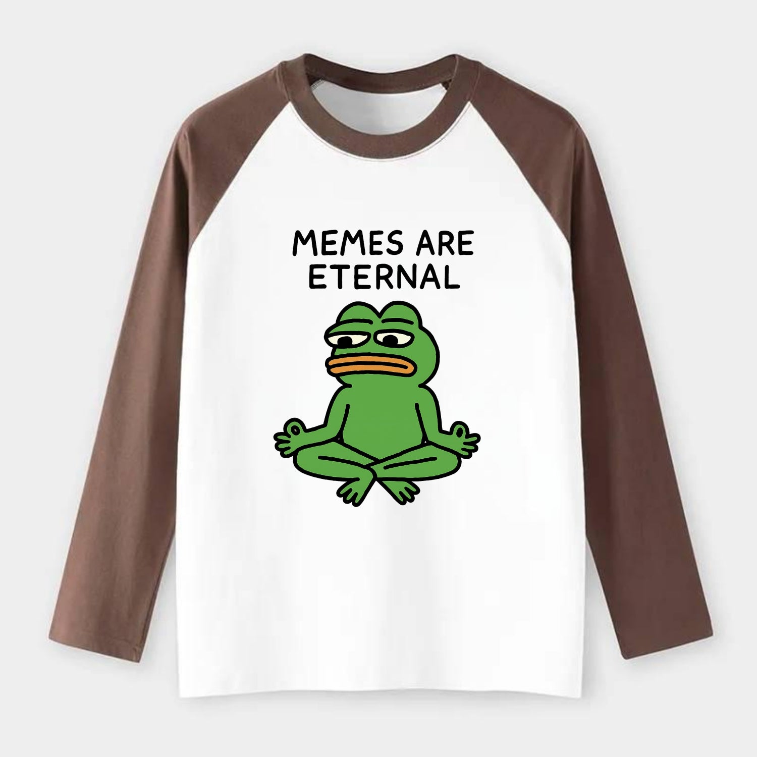 MEMES ARE ETERNAL | Immortal pepe meditating - Raglan Long Sleeve T-Shirt - Coffee