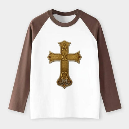 Alpha Omega Cross  - Raglan Long Sleeve T-Shirt - Coffee