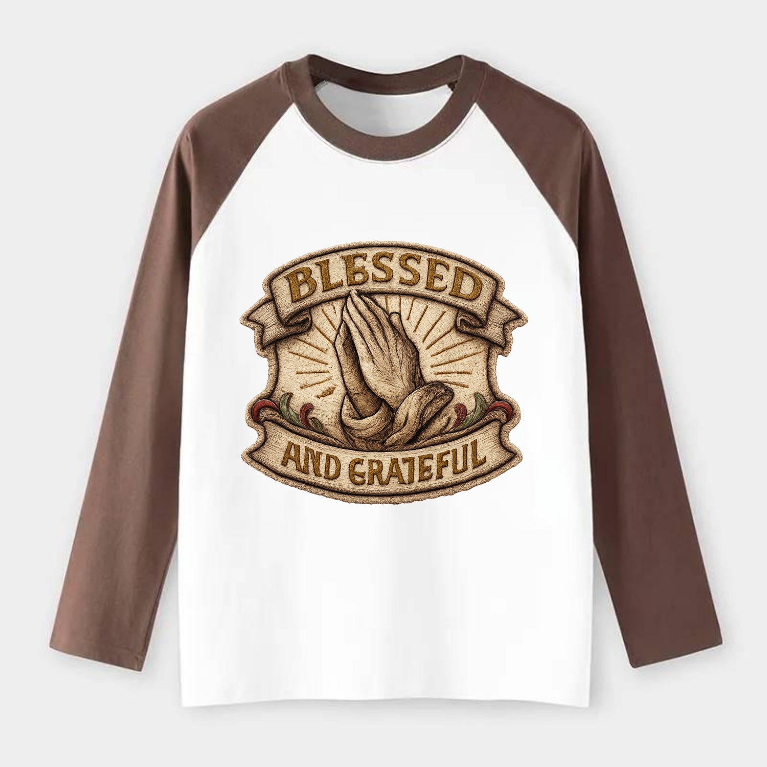 BLESSED AND GRATEFUL - praying hands with text in gold , thankful - Raglan Long Sleeve T-Shirt - Coffee