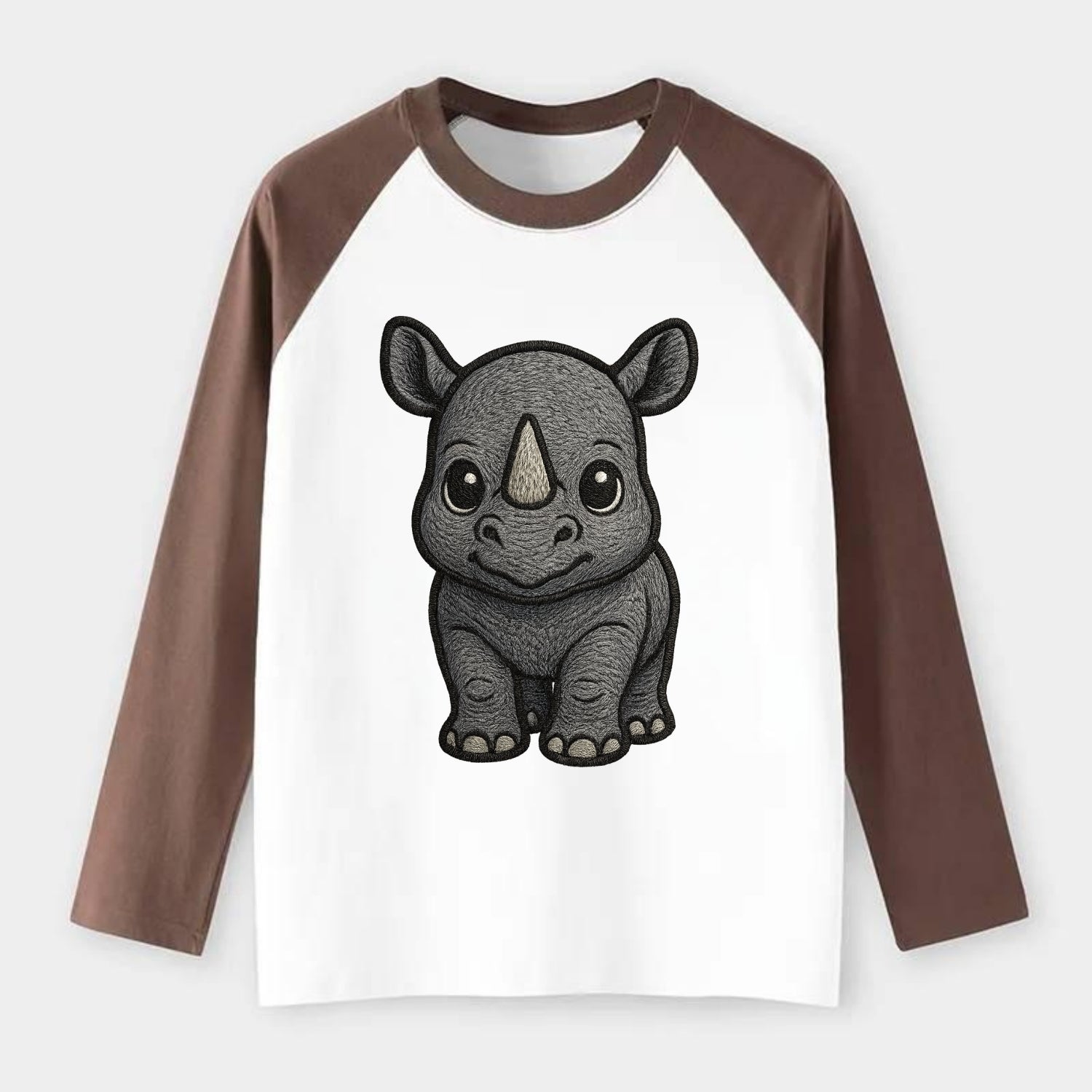 Baby Rhino - gray armor skin, tiny horn nub, round eyes, front-facing, - Raglan Long Sleeve T-Shirt - Coffee