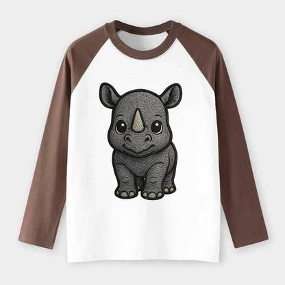 Baby Rhino - gray armor skin, tiny horn nub, round eyes, front-facing, - Raglan Long Sleeve T-Shirt - Coffee