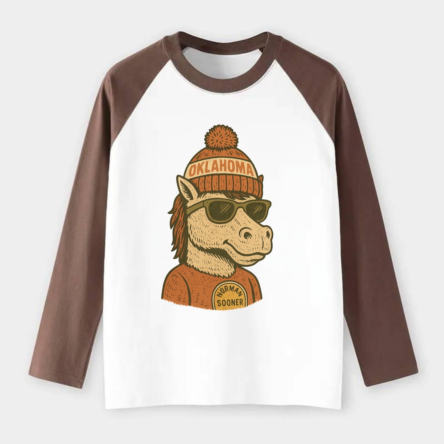 Norman Sooner Horse wearing Oklahoma bea - Raglan Long Sleeve T-Shirt - Coffee
