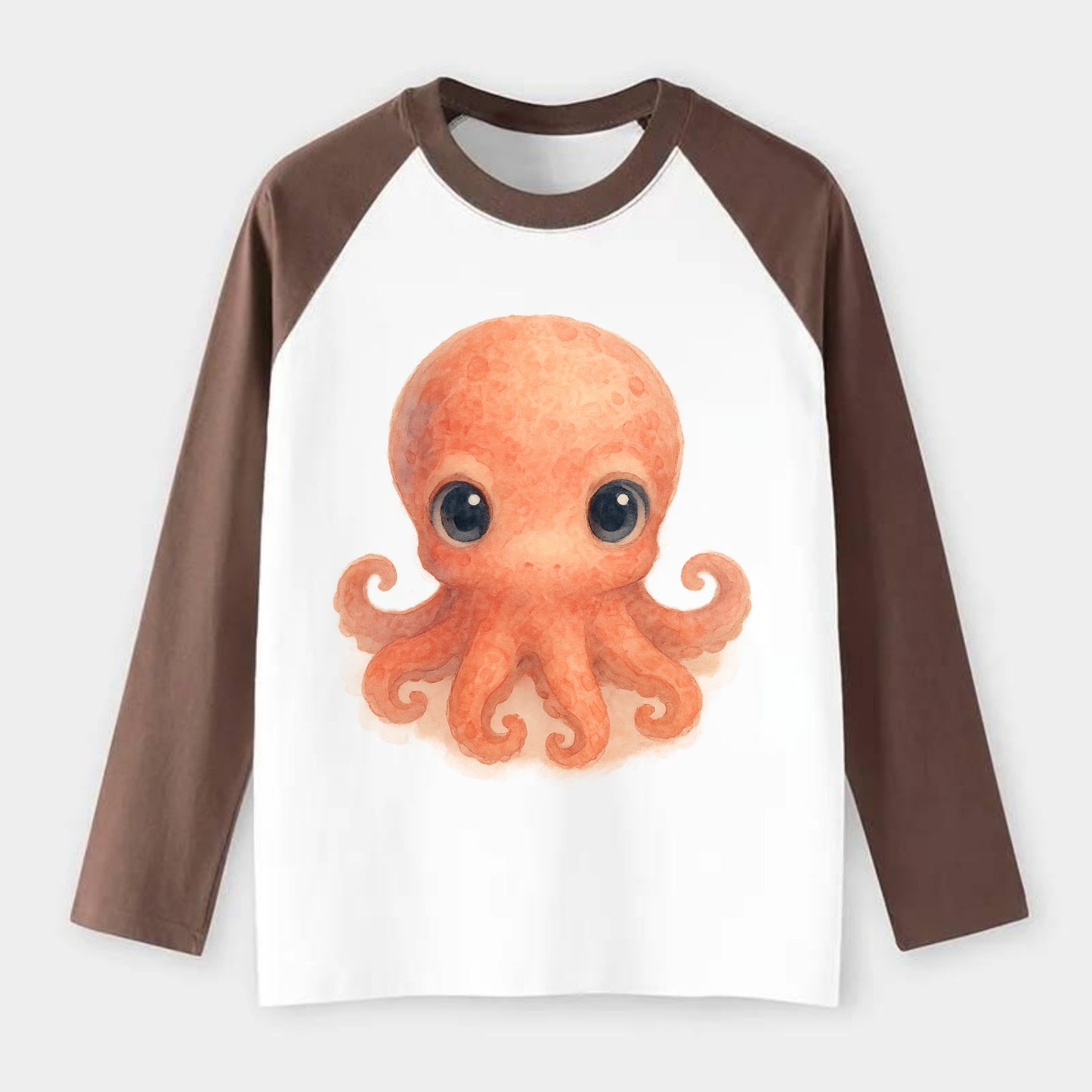 Baby Octopus - red-orange, eight tiny tentacles curled, large - Raglan Long Sleeve T-Shirt - Coffee