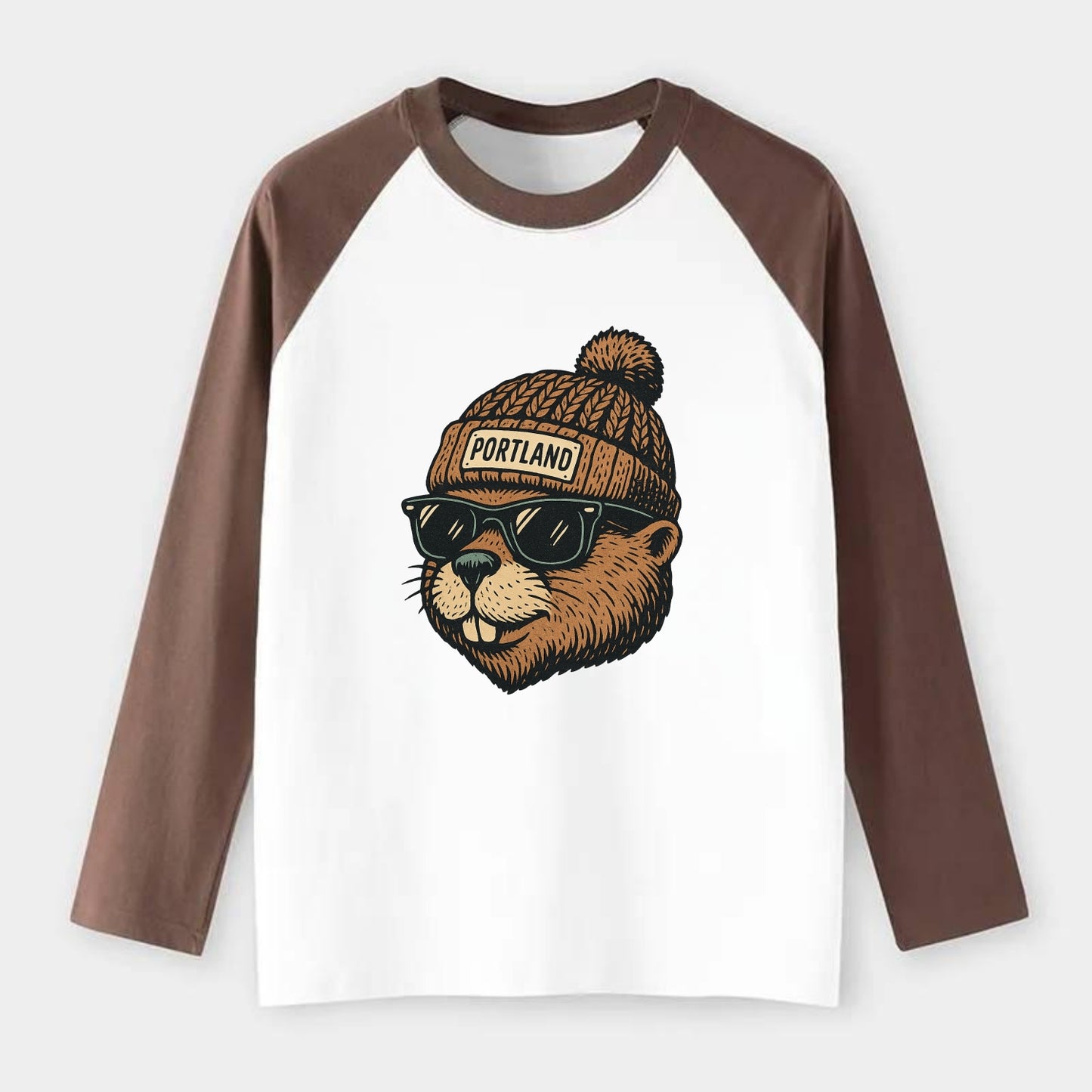 Portland Beaver wearing Portland beanie with pom pom and wayfarer - Raglan Long Sleeve T-Shirt - Coffee