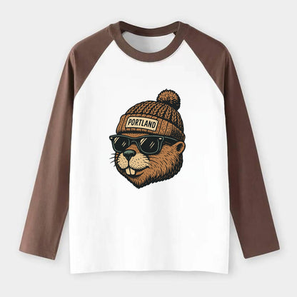 Portland Beaver wearing Portland beanie with pom pom and wayfarer - Raglan Long Sleeve T-Shirt - Coffee