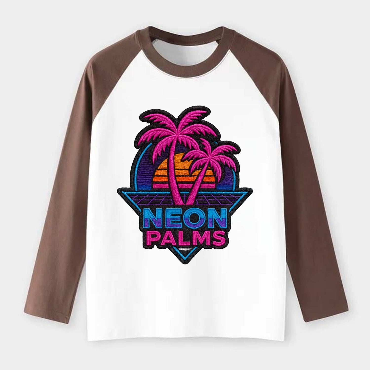 Neon Palms - Raglan Long Sleeve T-Shirt - Coffee