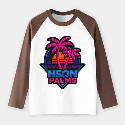 Neon Palms - Raglan Long Sleeve T-Shirt - Coffee