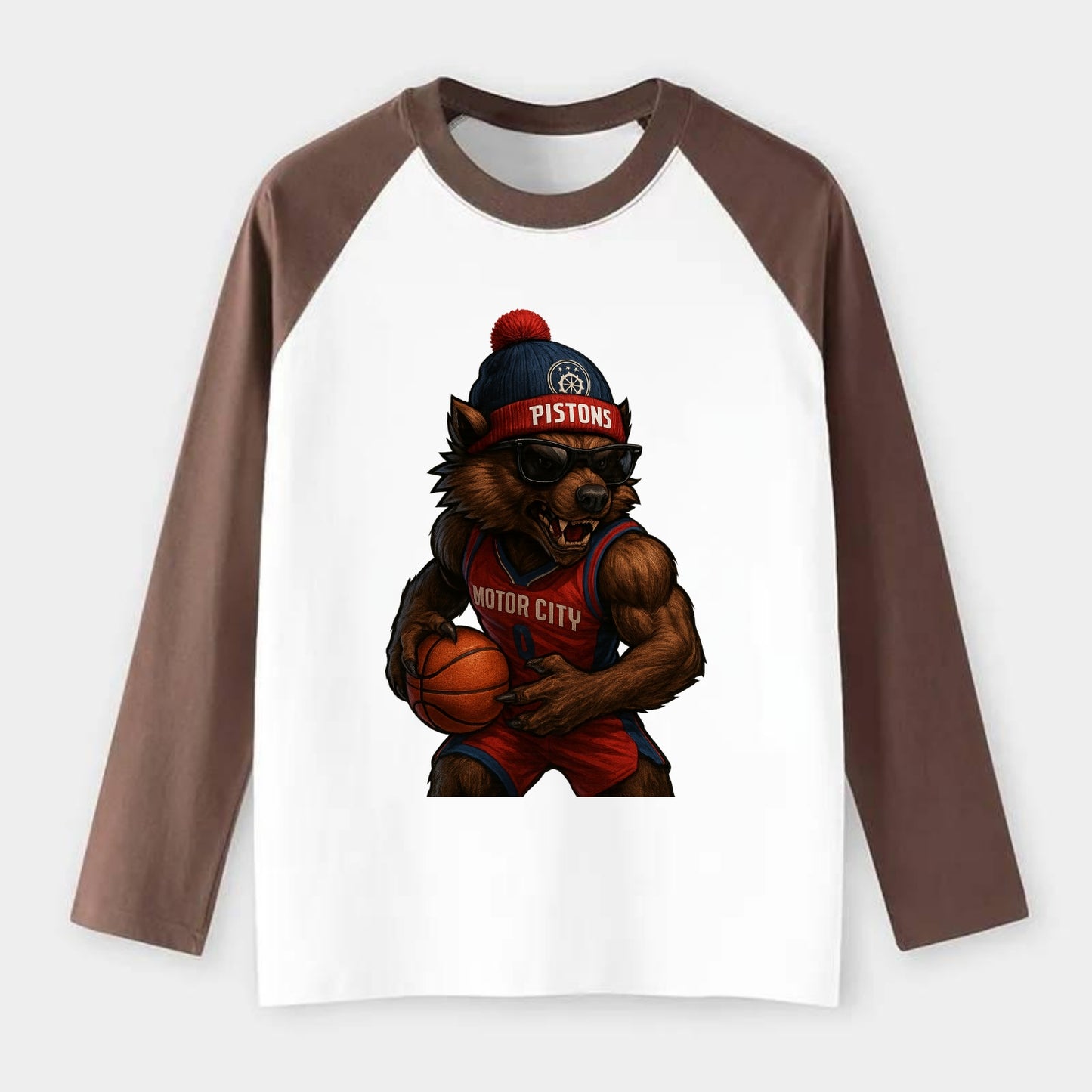 Motor City Wolverine wearing Pistons beanie with gear patch and - Raglan Long Sleeve T-Shirt - Coffee
