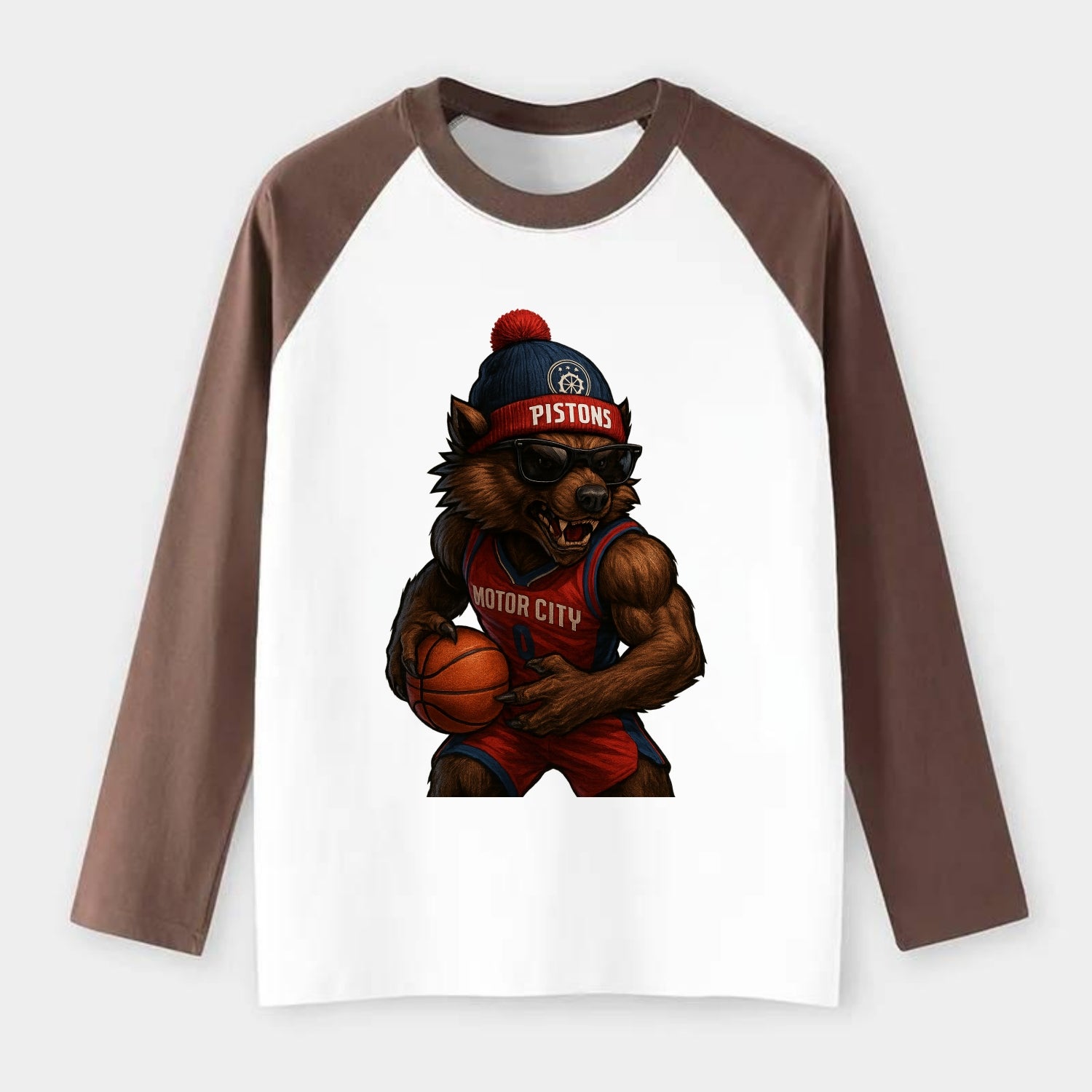 Motor City Wolverine wearing Pistons beanie with gear patch and - Raglan Long Sleeve T-Shirt - Coffee