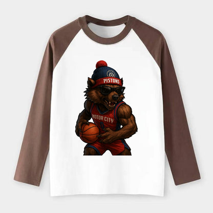 Motor City Wolverine wearing Pistons beanie with gear patch and - Raglan Long Sleeve T-Shirt - Coffee