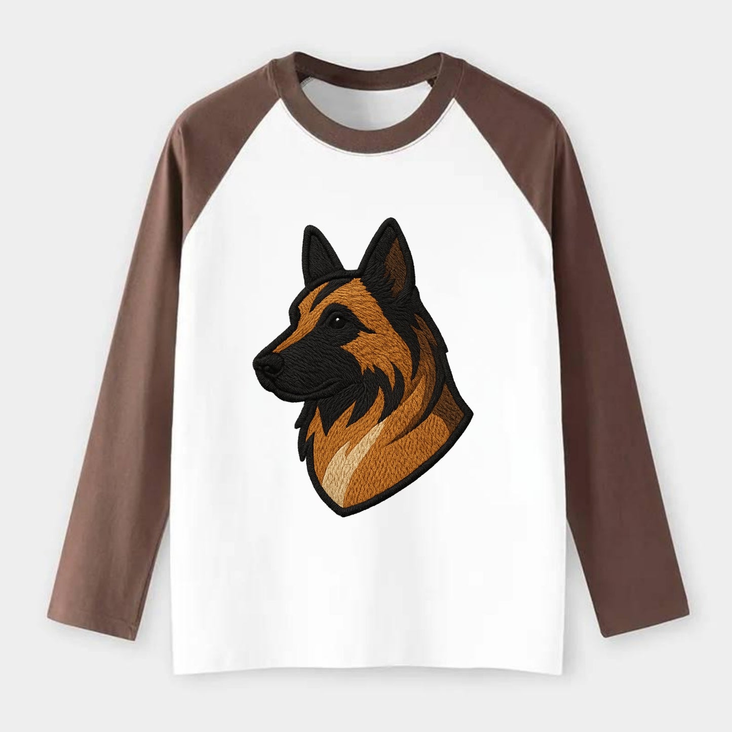 Belgian Tervuren - Fawn with black overlay embroidered design - Raglan Long Sleeve T-Shirt - Coffee