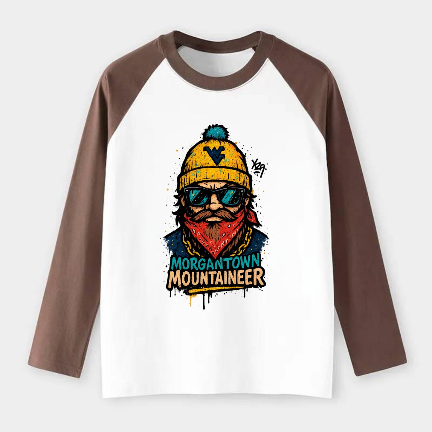 Morgantown Mountaineer wearing West Virginia beanie with WV patch - Raglan Long Sleeve T-Shirt - Coffee