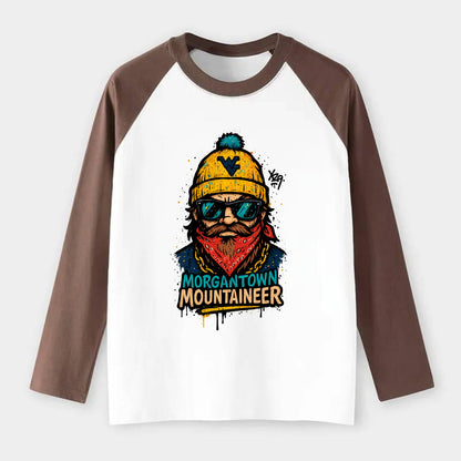 Morgantown Mountaineer wearing West Virginia beanie with WV patch - Raglan Long Sleeve T-Shirt - Coffee
