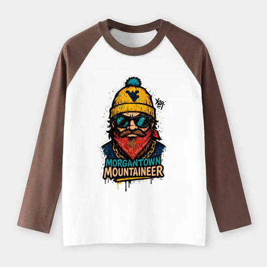 Morgantown Mountaineer wearing West Virginia beanie with WV patch - Raglan Long Sleeve T-Shirt - Coffee