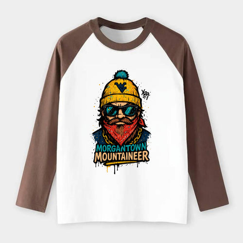 Morgantown Mountaineer wearing West Virginia beanie with WV patch - Raglan Long Sleeve T-Shirt