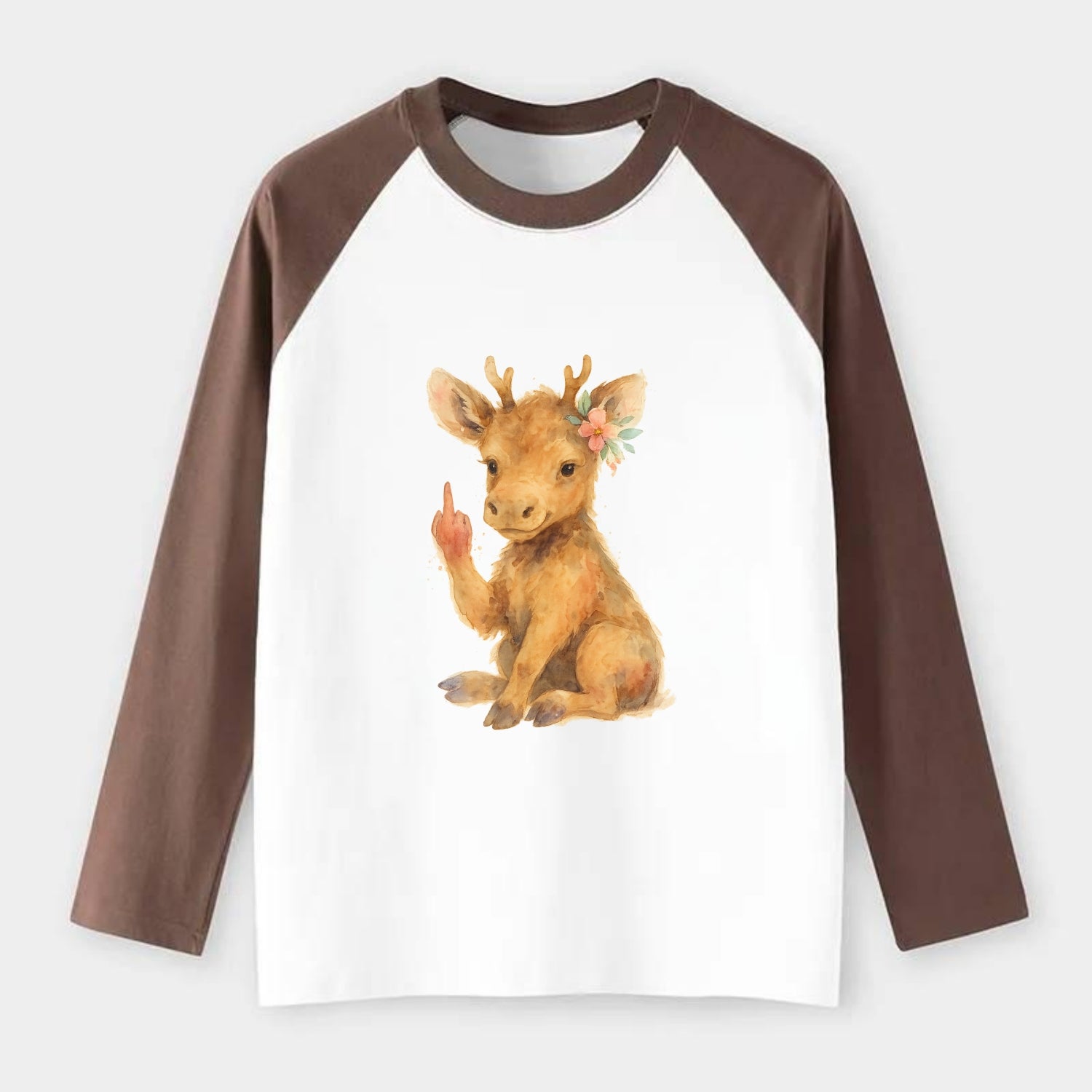baby moose with adorable tiny antlers, one hoof raised in attitude - Raglan Long Sleeve T-Shirt - Coffee