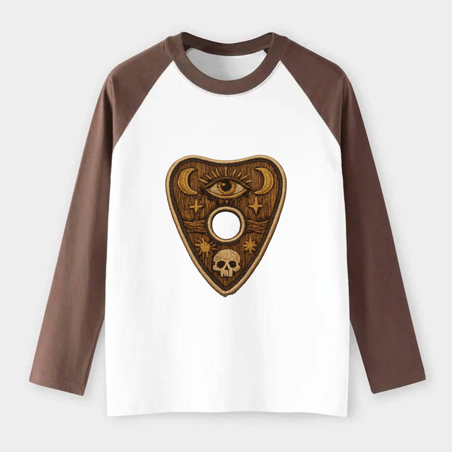 OUIJA PLANCHETTE - spirit board pointer in wood and gold , seance - Raglan Long Sleeve T-Shirt - Coffee