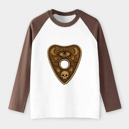 OUIJA PLANCHETTE - spirit board pointer in wood and gold , seance - Raglan Long Sleeve T-Shirt - Coffee