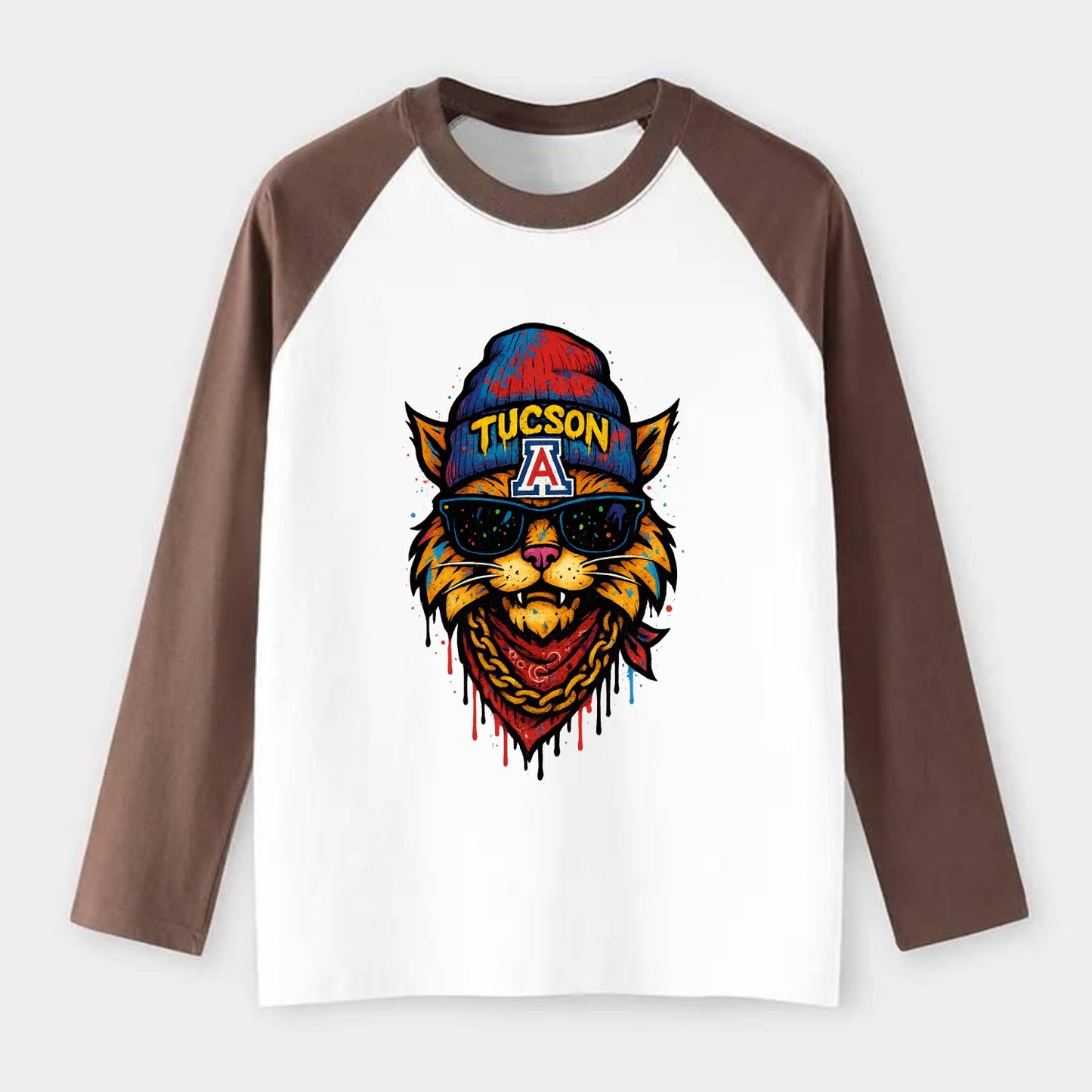 Tucson Wildcat wearing Arizona beanie with A patch - Raglan Long Sleeve T-Shirt - Coffee