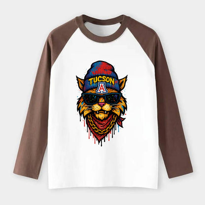 Tucson Wildcat wearing Arizona beanie with A patch - Raglan Long Sleeve T-Shirt - Coffee