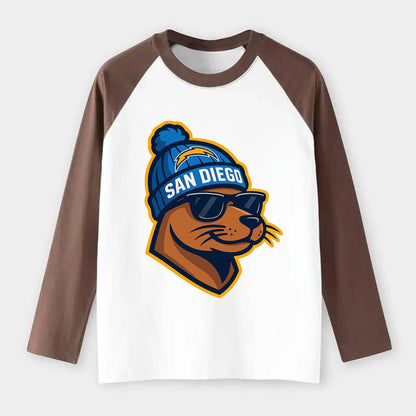 San Diego Sea Lion wearing Chargers beanie with bolt patch and - Raglan Long Sleeve T-Shirt - Coffee