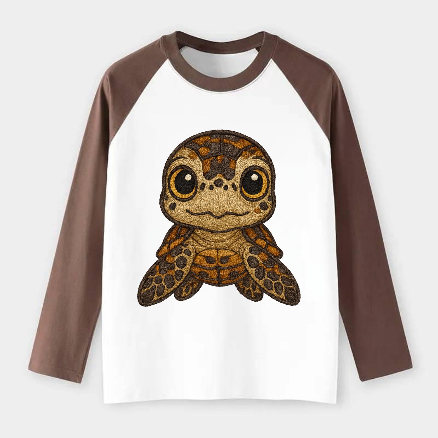 Baby Hawksbill Turtle - amber and brown shell pattern, curious golden - Raglan Long Sleeve T-Shirt - Coffee