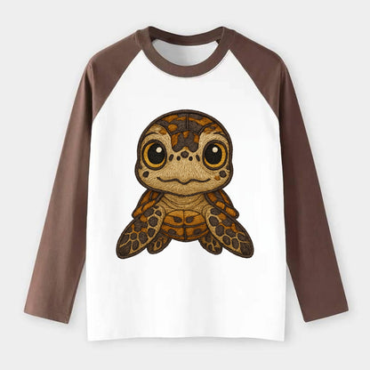 Baby Hawksbill Turtle - amber and brown shell pattern, curious golden - Raglan Long Sleeve T-Shirt - Coffee