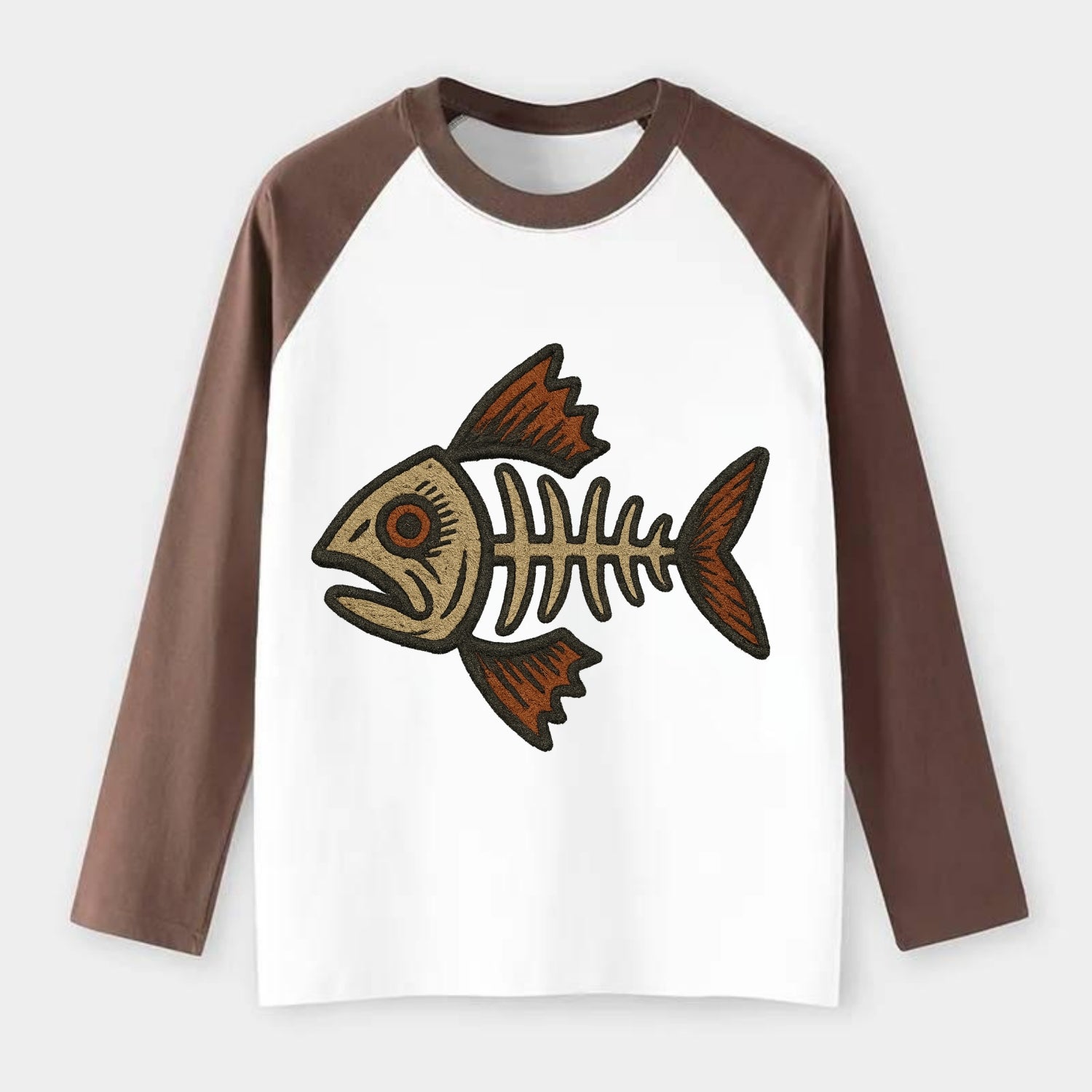 Fish Skeleton  - Raglan Long Sleeve T-Shirt - Coffee